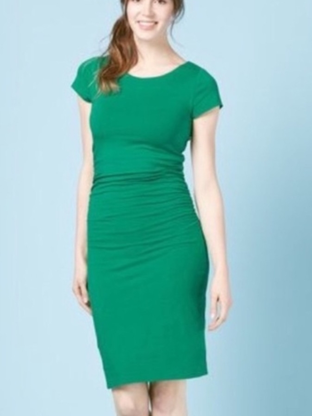 Boden Green Ruched Side Jersey Sheath Dress Short Sleeve, Size 10R Regular